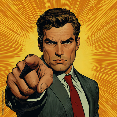 A dramatic and bold comic-style illustration of a determined man in a suit, pointing directly at the viewer. Ideal for motivational posters, promotional materials, or attention-grabbing designs.