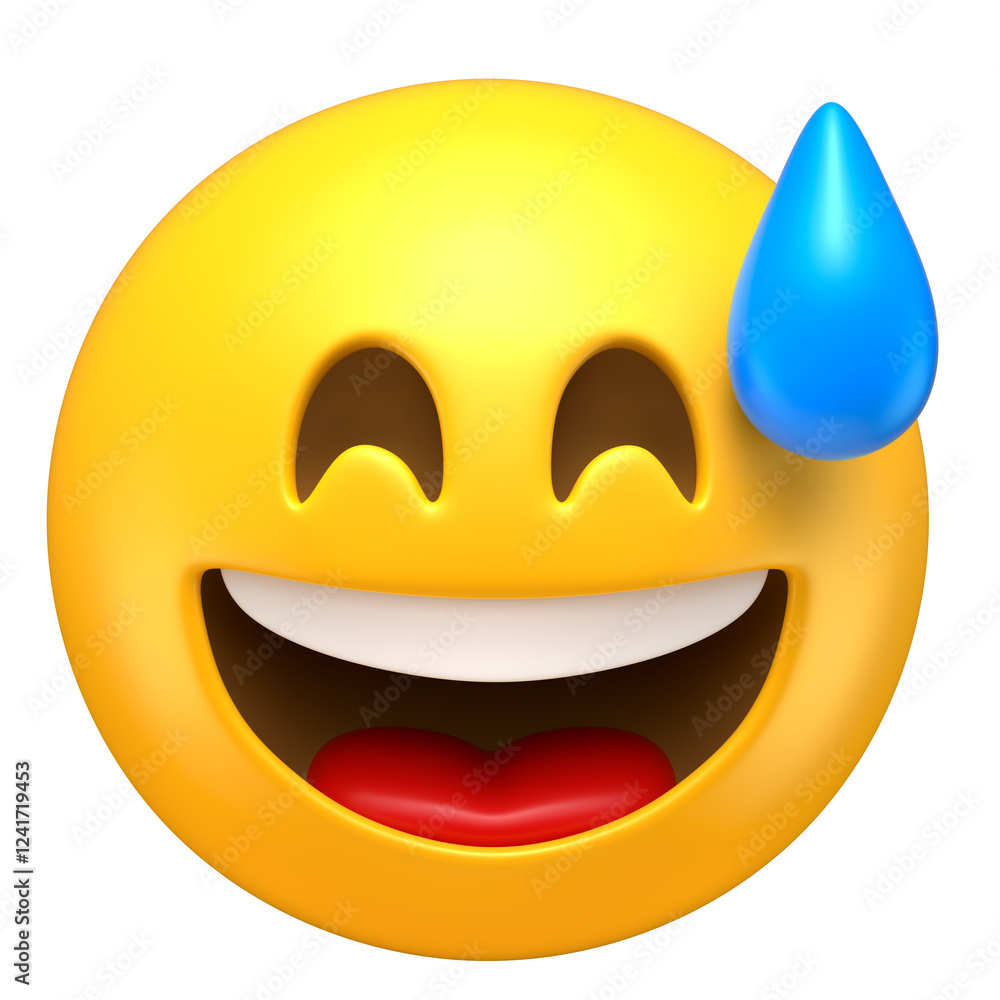 Fototapeta premium Laughing Emoji with Sweat Drop in 3D Render with transparent background