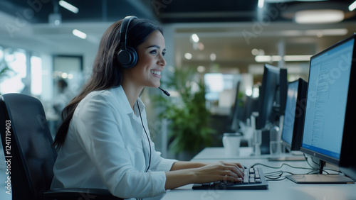 Smiling Latina Brunette Female Customer Service Representative Working at Computer in Modern Office Wearing a Headset Looking at her Monitor