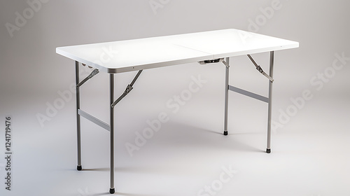 A white folding table with a silver frame