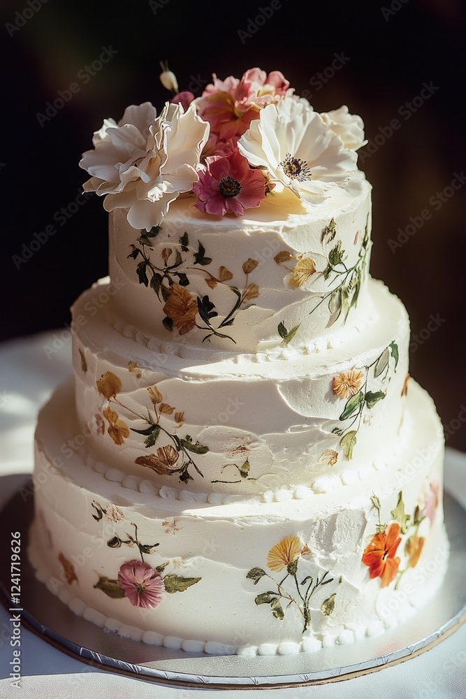 Fototapeta premium A beautiful white wedding cake decorated with colorful flowers