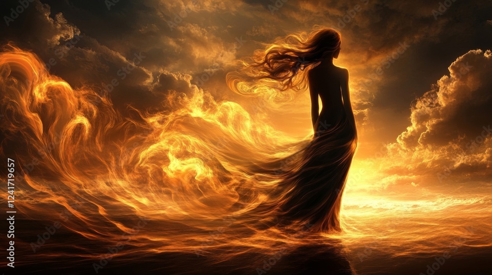 Woman in Fiery Dress Stands at Sunset Woman in Fiery Dress Stands at Sunset