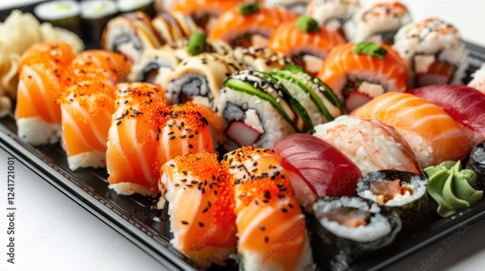 Detailed close-up of sushi varieties like dragon rolls, spicy tuna, and cucumber maki on a glossy black plate, set against a bright white background Detailed close-up of sushi varieties like dragon rolls, spicy tuna, and cucumber maki on a glossy black plate, set against a bright white background