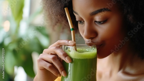 A person sipping a refreshing green beverage photo