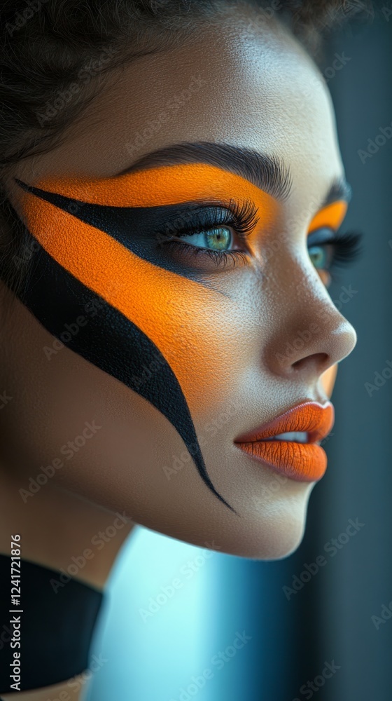 Bold face paint design showcasing vibrant orange and black colors on a model's profile Bold face paint design showcasing vibrant orange and black colors on a model's profile