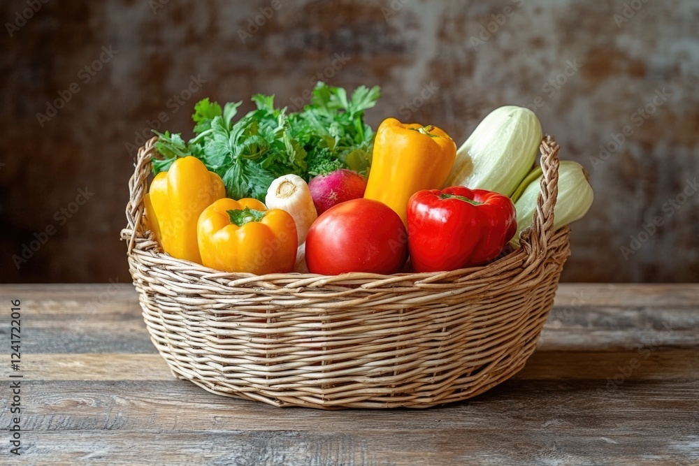 A colorful selection of various vegetables in a wicker basket, perfect for still life photography or market scenes A colorful selection of various vegetables in a wicker basket, perfect for still life photography or market scenes