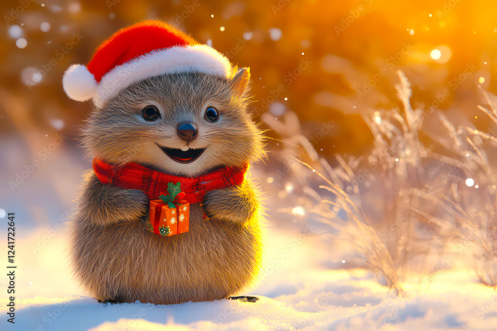 Merry Christmas concept holiday card - Smiling quokka in a Santa hat and scarf, holding a tiny present, standing in a snowy field with a warm orange background Merry Christmas concept holiday card - Smiling quokka in a Santa hat and scarf, holding a tiny present, standing in a snowy field with a warm orange background