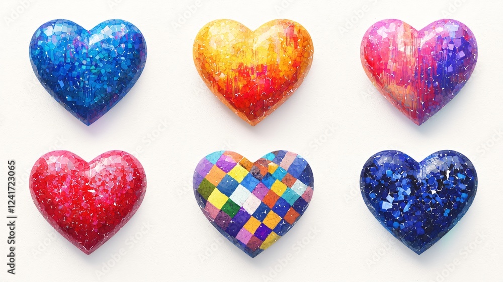 Fototapeta premium Colorful Heart Collection Symbolizing Love and Affection with Unique Design Patterns on White Surface.