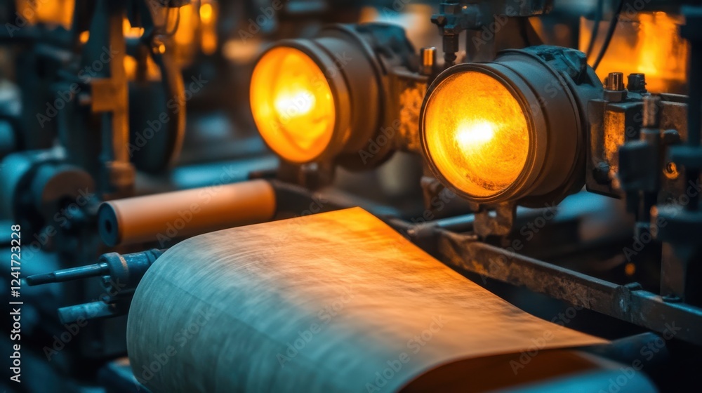 Fototapeta premium Industrial machinery with warm lights illuminating paper production