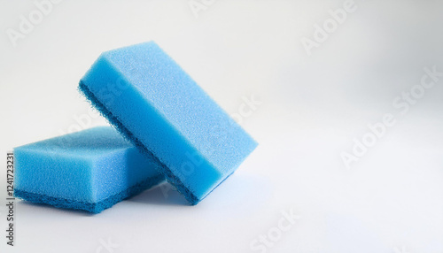 Blue kitchen sponges for dishwashing on white background. Foam scrubber. Dish cleaning sponge.