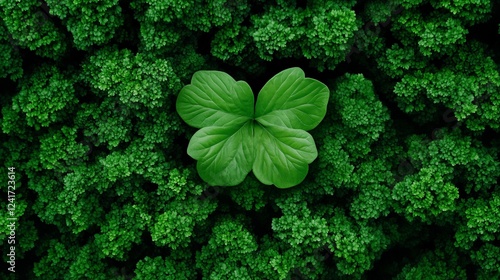 Four-Leaf Clover: A lucky four-leaf clover stands out against a sea of green foliage, symbolizing hope, good fortune, and the serendipitous discovery of something special.   photo