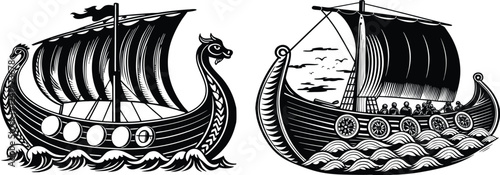 Set of Viking ship vector illustration. Hand draw line art Isolated icon set  - Transparent