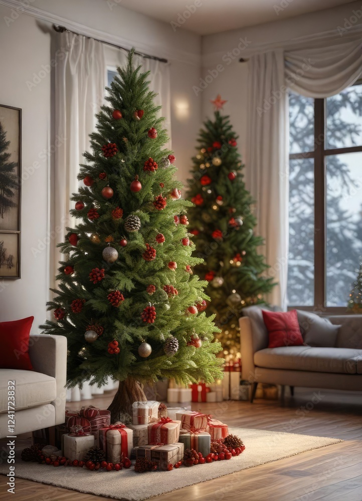 Fir Christmas tree with red berries and pinecones in a cozy living room , red berries, living room, fir Fir Christmas tree with red berries and pinecones in a cozy living room , red berries, living room, fir