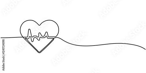 Heart Rate Single Line Icon, Heartbeat Continuous Line Art Illustration, Continuous one line heart pulse symbol drawing. Healthy medicine icon in simple linear doodle style pro vector illustration.