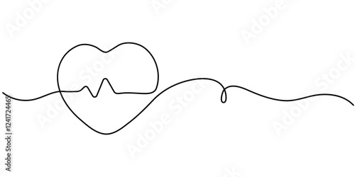 Heart Rate Single Line Icon, Heartbeat Continuous Line Art Illustration, Continuous one line heart pulse symbol drawing. Healthy medicine icon in simple linear doodle style pro vector illustration.