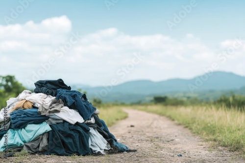 image of pile of discarded clothes on dirt path signifying lack of resources and need with spacious composition for photo