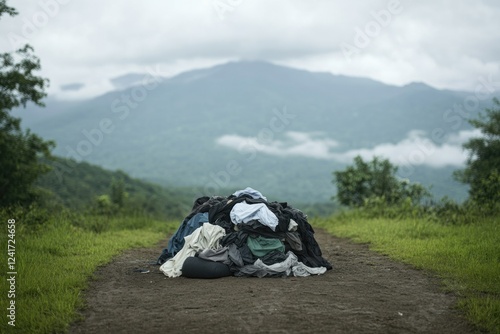 image of pile of discarded clothes on dirt path signifying lack of resources and need with spacious composition for photo