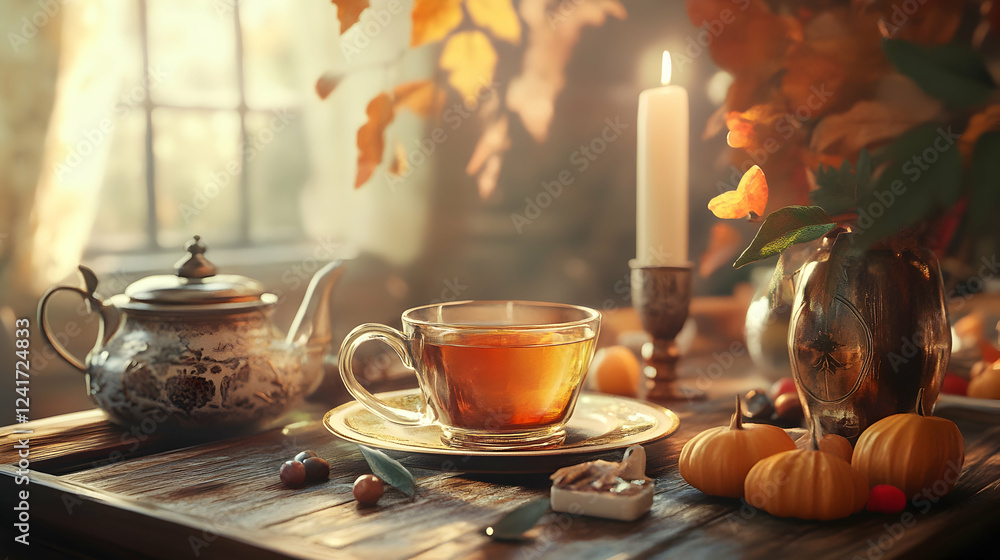 Cozy autumn tea time with warm hues and a rustic seasonal atmosphere Cozy autumn tea time with warm hues and a rustic seasonal atmosphere