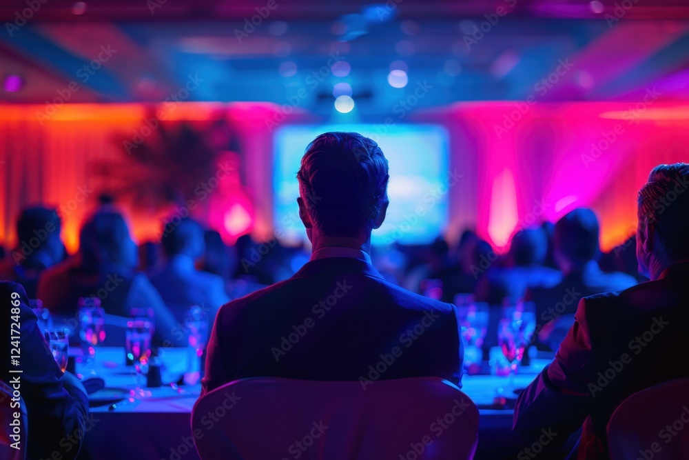 People sitting at tables in a room with bright lights People sitting at tables in a room with bright lights