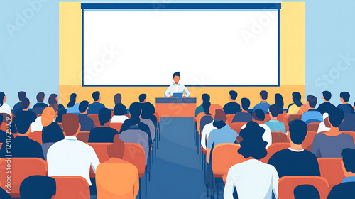 A man stands in front of a large audience, giving a speech