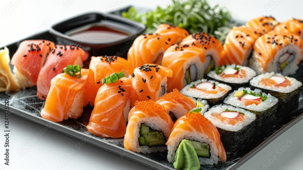 Detailed close-up of sushi varieties like dragon rolls, spicy tuna, and cucumber maki on a glossy black plate, set against a bright white background Detailed close-up of sushi varieties like dragon rolls, spicy tuna, and cucumber maki on a glossy black plate, set against a bright white background