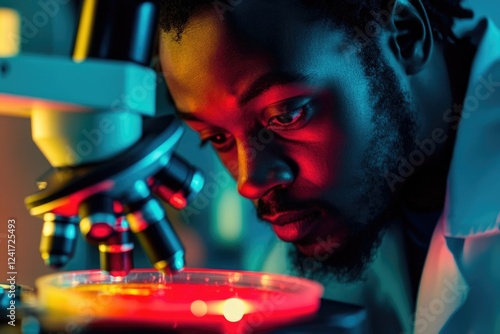 A focused scientist intently examines a sample under a microscope, illuminated by vibrant red and blue lighting. photo