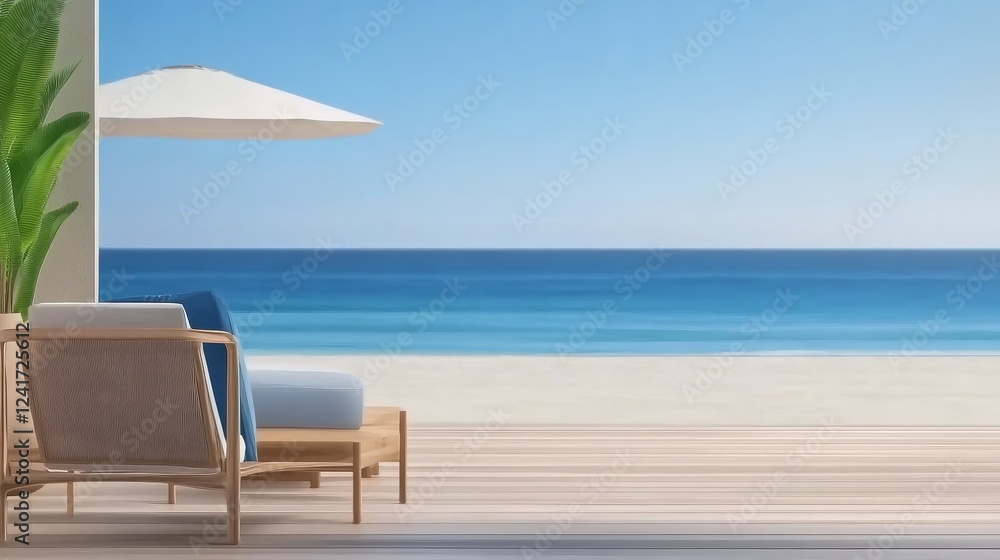 Obraz premium Beachfront Relaxation: Luxury Patio Scene - Tranquil beach view from a luxurious patio with comfortable seating, a beach umbrella, and a wooden deck. Perfect for relaxation and vacation themes.