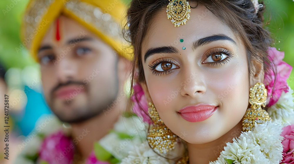 Obraz premium Indian bride portrait, groom blurred background, wedding ceremony, South Asian culture