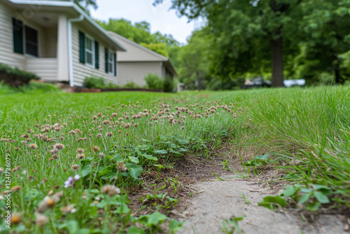Neglected lawn with weeds, showing clover and crabgrass overgrowth against trimmed grass, highlighting the need for lawn care Generative AI