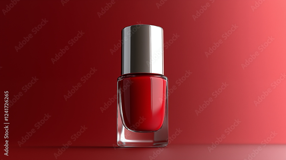 Red nail polish bottle on gradient background with reflection. Professional manicure and beauty product photography for cosmetic advertising Red nail polish bottle on gradient background with reflection. Professional manicure and beauty product photography for cosmetic advertising