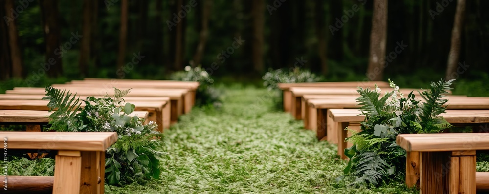 Fototapeta premium Forest clearing wedding setup with wooden benches and natural greenery