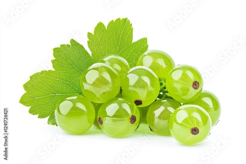 Green Currant Bunch with Leaves Isolated - Fresh, juicy green currants, vibrant, healthy, natural, delicious. Symbolizing freshness, vitality, nature, abundance, and purity. photo