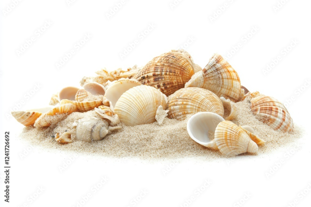 Sea shells in sand pile isolated on white background Sea shells in sand pile isolated on white background