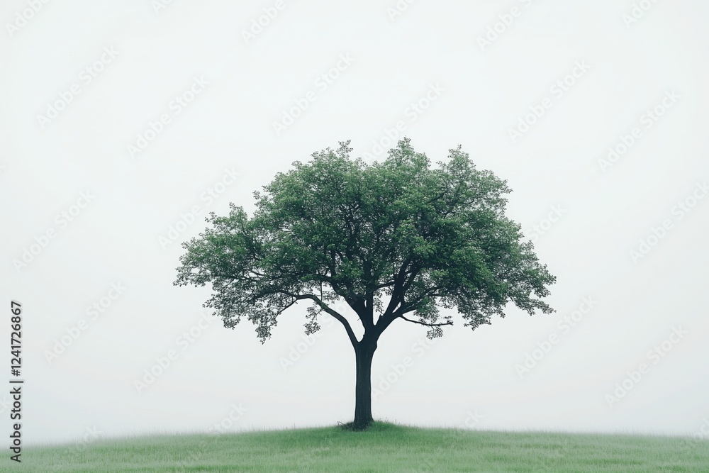 Obraz premium Green tree rising on a small hill in a fog-covered field, creating a tranquil and serene atmosphere on a misty day. Soft light enhances the peaceful landscape, inviting reflection