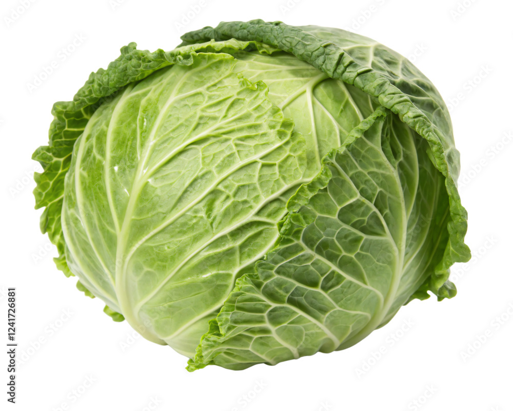 A round green cabbage with tightly packed, crinkled leaves and a fresh stem. AI Generative A round green cabbage with tightly packed, crinkled leaves and a fresh stem. AI Generative