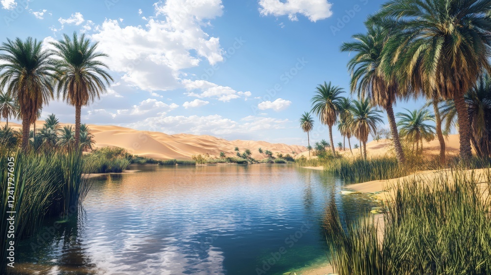 Serene Oasis Palm Trees Surround Calm Desert Lake Serene Oasis Palm Trees Surround Calm Desert Lake