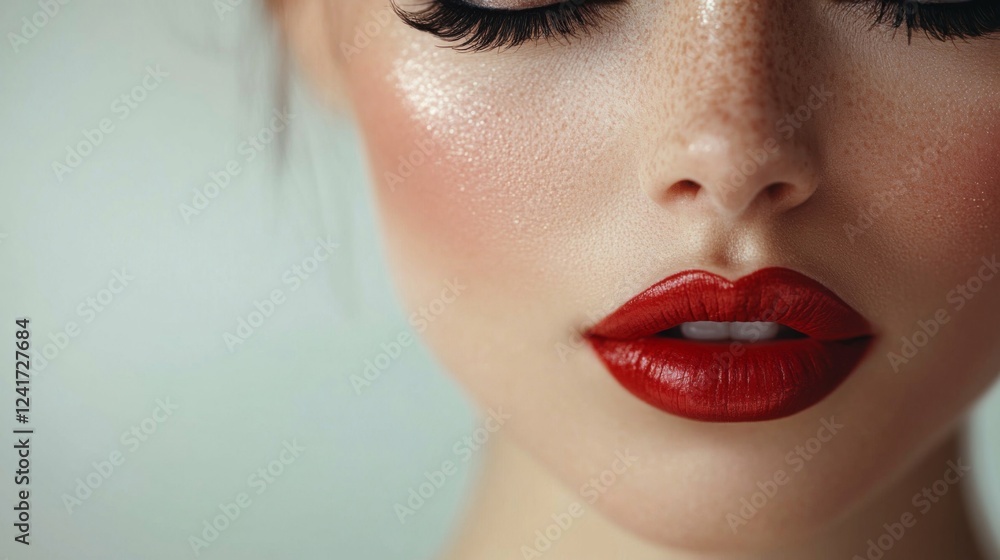 Close up of a womans face with red lipstick and freckles Close up of a womans face with red lipstick and freckles