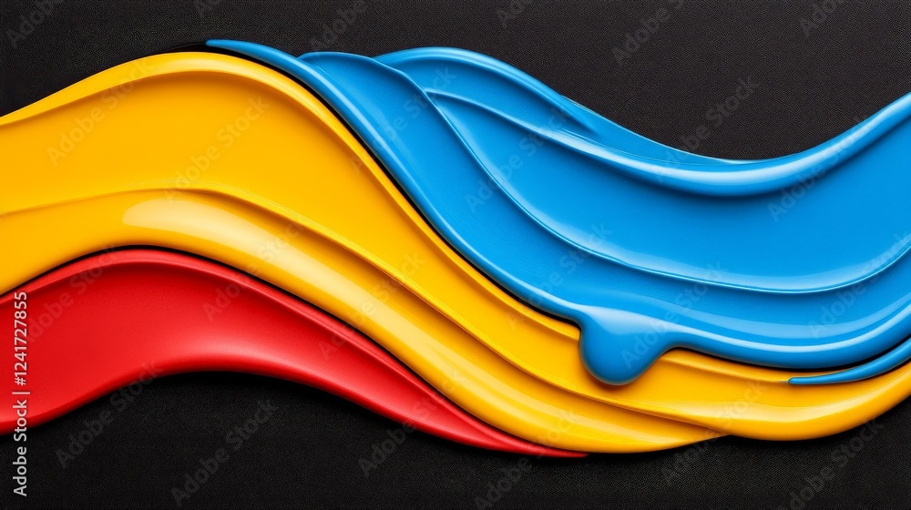 Fluid Color Waves: Dynamic abstract image featuring vibrant red, yellow, and blue paint strokes creating a wave-like pattern against a dark background. Fluid Color Waves: Dynamic abstract image featuring vibrant red, yellow, and blue paint strokes creating a wave-like pattern against a dark background.