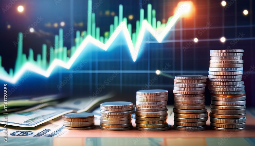 Stacks of money with a growing financial graph in the background, investment success Stacks of money with a growing financial graph in the background, investment success