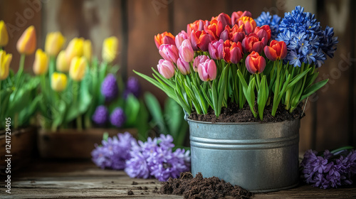 Wallpaper Mural  spring bulbous flowers, tulips, muscari, hyacinths, wooden table, aluminum bucket, painted wall, easter decoration Torontodigital.ca