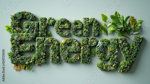 Lush foliage forming the words green energy