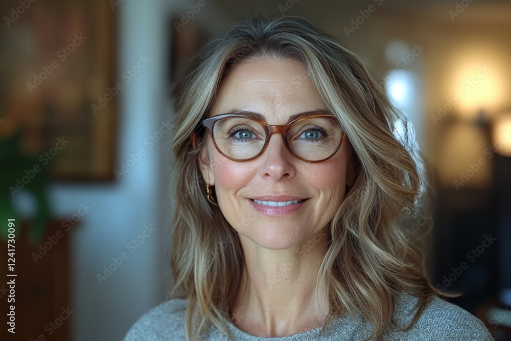 Woman with glasses smiling softly while wrapped in a cozy scarf indoors during daylight Woman with glasses smiling softly while wrapped in a cozy scarf indoors during daylight
