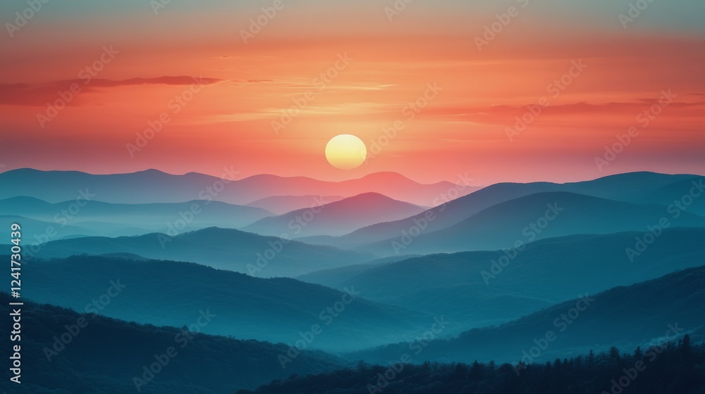 Breathtaking sunset over mountain range with misty valleys and silhouetted trees Breathtaking sunset over mountain range with misty valleys and silhouetted trees