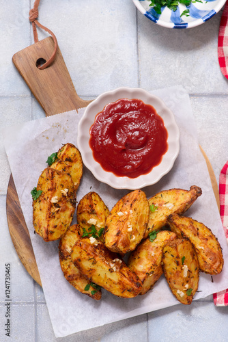 Baked potatoes in country style with ketchup.style rustic.selective focus photo