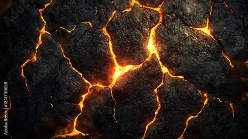 A black and orange image of a cracked rock with fire coming out of it