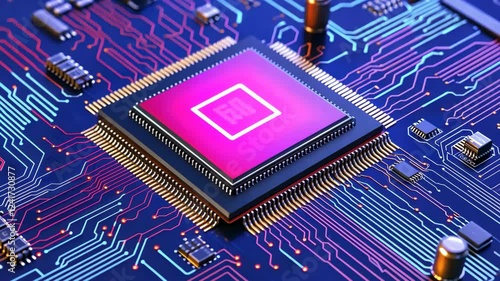 Close up of glowing microchip circuit board, showcasing intricate electronic pathways and vibrant colors, symbolizing advanced technology and innovation modern engineering. This vibrant close up