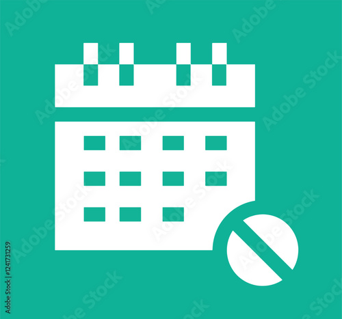 Medication calendar. Medication schedule icon design isolated on turquoise background. Calendar, white calendar to mark date for reminder with medication icon. Vector illustration.