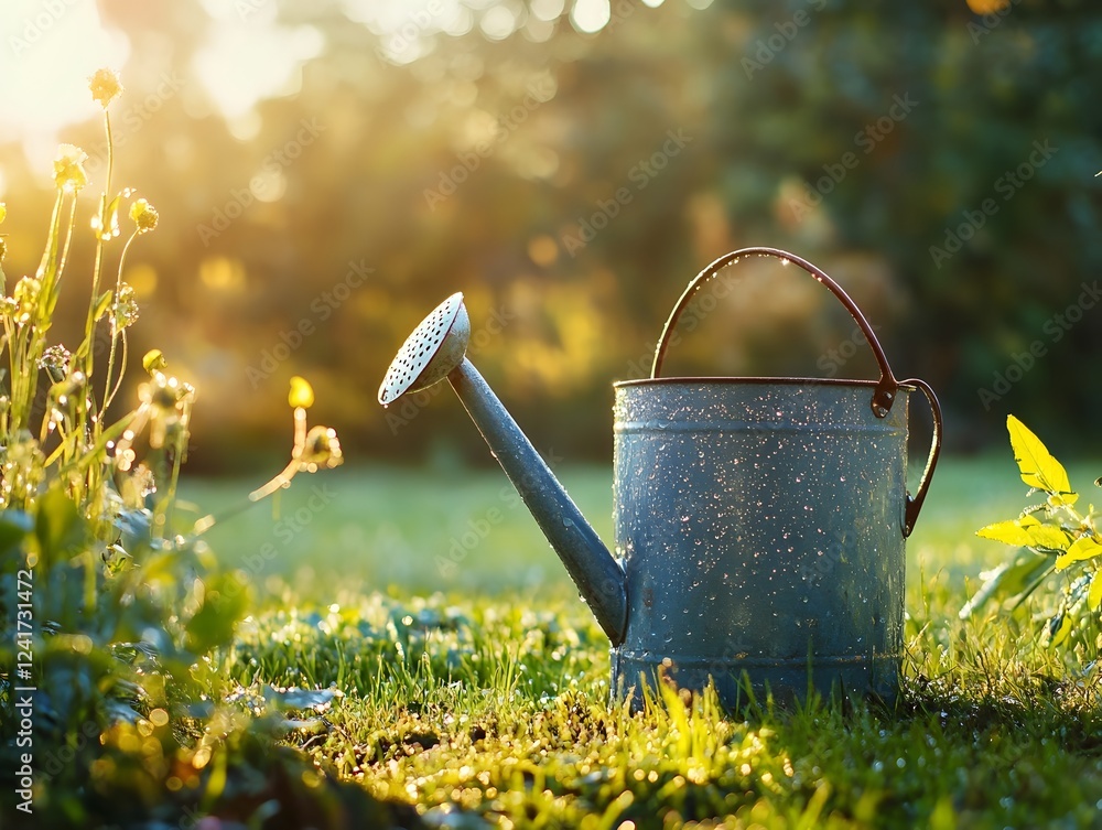 Dewy Rustic Metal Watering Can in Misty Sunrise Garden Landscape Dewy Rustic Metal Watering Can in Misty Sunrise Garden Landscape