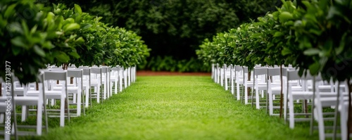 Orchard wedding setup with rows of trees creating a natural aisle