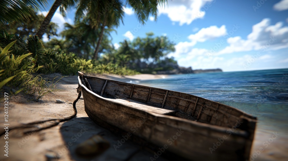 A weathered wooden boat resting on a sandy beach with lush tropical foliage and clear blue water A weathered wooden boat resting on a sandy beach with lush tropical foliage and clear blue water
